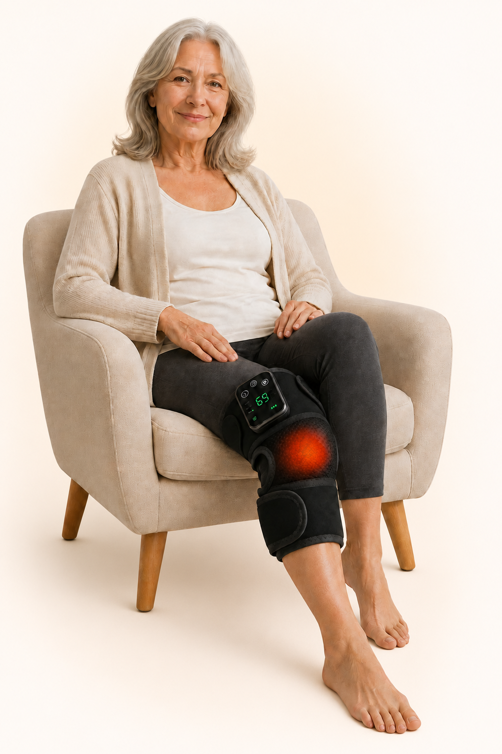 Woman relaxing at home while wearing the MotionNest heated knee massager